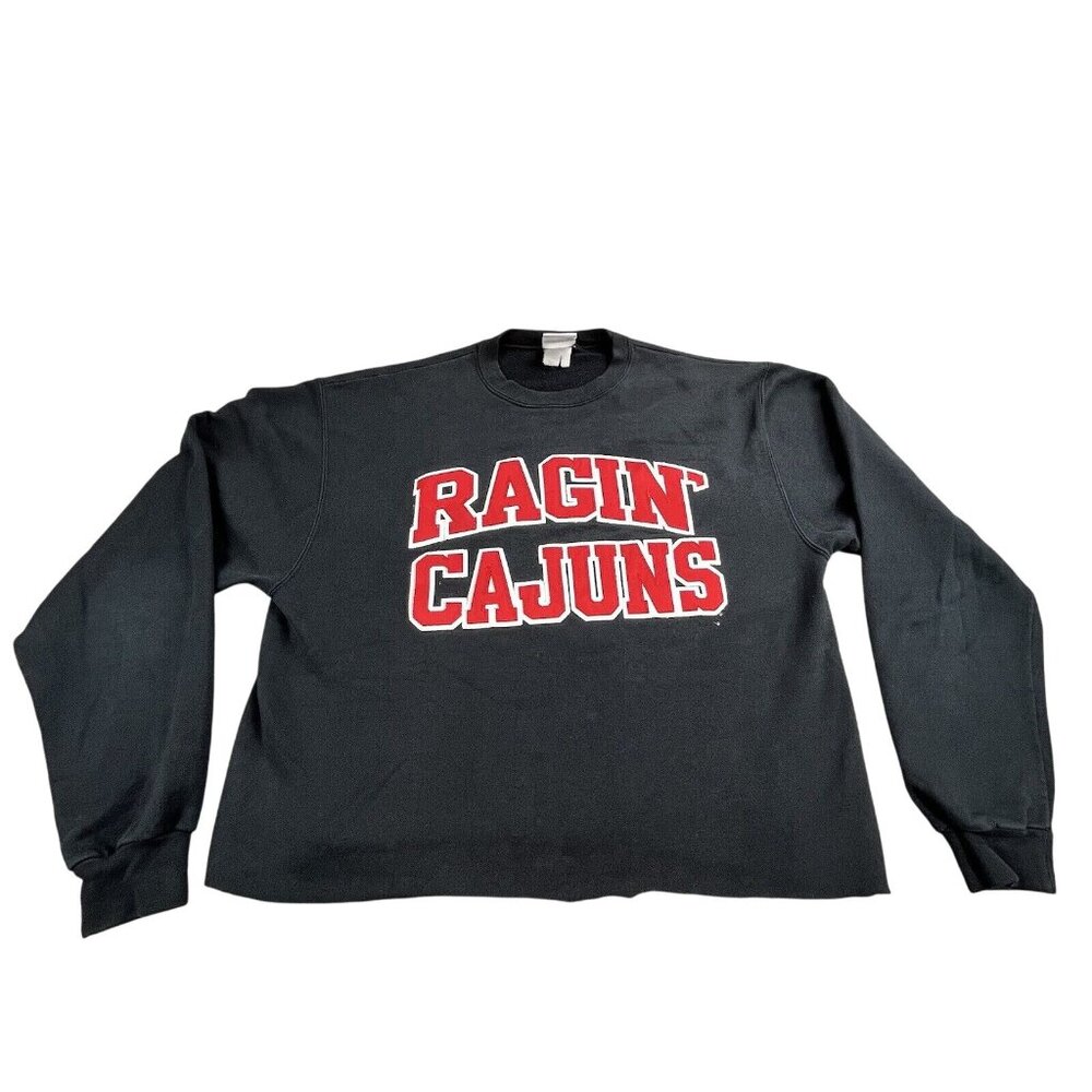 VTG Louisiana Ragin Cajuns Women Large Black Crop top crew neck Sweater Champion